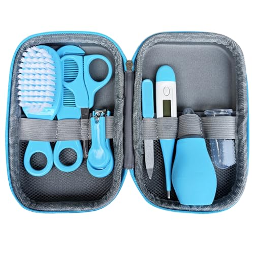 Kit de toilettage pour bébé, 8pcs Baby Healthcare and Grooming Kit, thermomètre de cheveux en toute sécurité Thermomètre pour nouveau-née Essential avec un boîtier rangement bleu