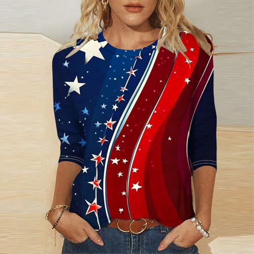 Image of Fourth of July Shirts for Women 3 /4 Sleeve Summer Tops American Flag Print T Shirt Patriotic 4th of July Shirts 2025