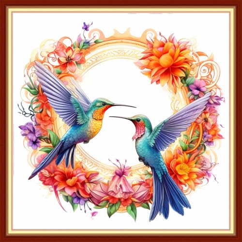 Image of Foxdiviy Stamped Cross Stitch Kits for Beginners Full Range of Cross Stitching 11 CT Printed Cross Stitch Kits for Adults Cross Stitch Patterns Needlepoint Kits-Hummingbird Wreath 18x18 inch