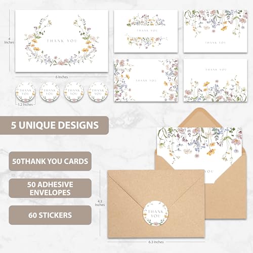 AUDREE Wildflower Thank You Cards with Envelopes (50 Pack 4x6) - Floral Greeting Cards with Adhesive Envelopes & Matching Stickers for Weddings, Birthdays, Bridal and Baby Showers
