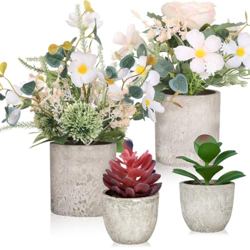 4 Set Artificial Plants Indoors Potted, Small Fake Plants in Pot Eucalyptus Rosemary Succulents for Home Decor Desk Bedroom Kitchen Office Decoration (4 Pack-B)
