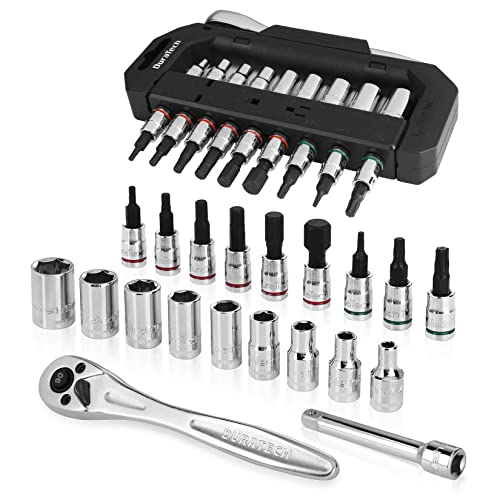 DURATECH 1/4' Drive Socket Set 20 Pieces, Including Metric and SAE Bit Sockets, Ratchet Wrench, Extension Bar, and Swivel Storage Rack, Cr-V S2 alloy steel, Meets ANSI Standards
