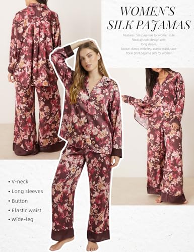 Image of Arssm Satin Pajama Set for Women Silk Pajamas Set 2 Piece Floral Pj Set Long Sleeve Button Down Pjs Sleepwear