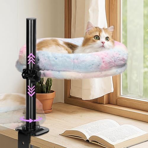 Cat Desk Bed, 360° Rotating & Height Adjustable Hammock Perch, So...