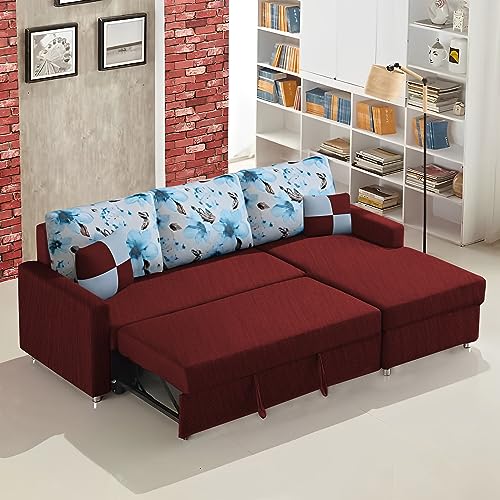 Image of Orland 4 Seater LHS L Shape Sofa Cum Bed for Living Room | Color - Maroon | Premium Fabric Sofa
