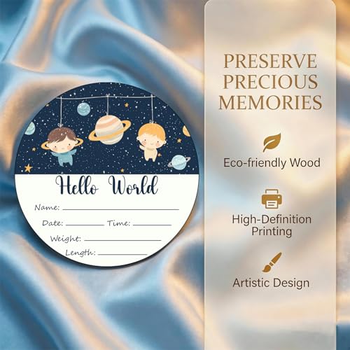Image of Birth Announcement Sign Hello World Baby Name Wood Space Theme | Round Wood Plaque with Stars & Space Design, Custom Name Date Weight Length Great for Nursery Wall Baby Shower Gifts