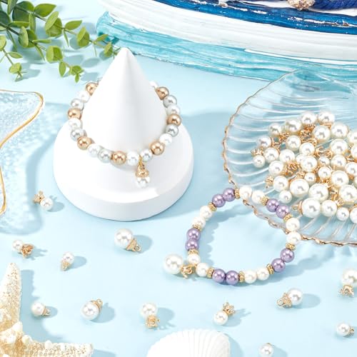 SUNNYCLUE 1 BOX 60Pcs White Imitation Pearls Charm Pearl Bail Charms Faux Round Alloy Plastic Small Crown Beads Pendants Charms for jewellery Making Charms Bracelet Earring Crafting Beginners Adults - Image 4