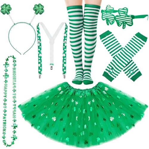 Hestya Set de 7 Accessoires de Costume pour Saint-Patrick Jupe Tutu Manchettes Vertes Chaussettes Hautes Rayées Lunettes Irlandaises Bandeau de Trèfle Jarretelles...