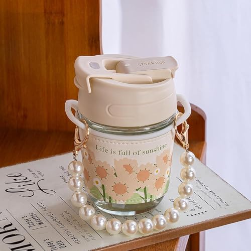 Image of Kamvy Glass Coffee Tumbler with Lid and Straw Pack of 1, Milk Mug with Pearl Chain Belt & Leather Grip Reusable Travel Sipper Cute Mugs for Girls for Juice Smoothies iced Tea Cups, 350 Ml (White)