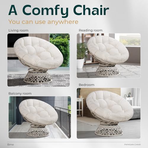 Image of Bme Ergonomic Wicker Papasan Chair with Soft Thick Density Fabric Cushion, High Capacity Steel Frame, 360 Degree Swivel for Living, Bedroom, Reading Room, Lounge, Arctic Snow - White Base