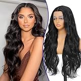 XC CLOUDS Black Synthetic Lace Front Wig 28 Inch Long Wavy Natural Wave Wigs 13×4×1 Pre Plucked Glueless Wig Synthetic Hair for Women Loose Body Wave With Natural