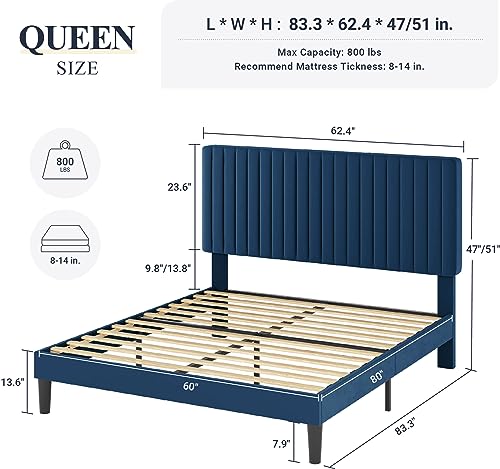 Image of Allewie Queen Bed Frame, Velvet Upholstered Platform Bed with Adjustable Vertical Channel Tufted Headboard, Mattress Foundation with Strong Wooden Slats, Box Spring Optional, Easy Assembly, Navy Blue