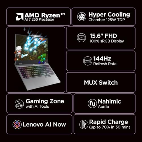 Image of Lenovo LOQ 2025, AMD Ryzen 7-250, RTX 5050-8GB, 24GB RAM, 1TB SSD, 440 AI Tops, FHD, 15.6 inch /39.6cm, 144Hz, Windows 11, Office 2024, Grey, 2.4Kg, 3 Mon. Game Pass, 83JG008NIN, AI Gaming Laptop