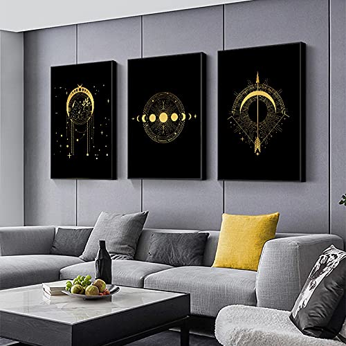 Toile Affiche Moderne Black Gold Sun Moon Star Décoration Murale Salon 3pcs