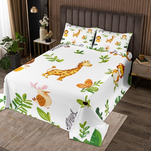 Erosebridal Kids Zoo Animal Quilt Queen,Cartoon Safari Bedding Set for Girls Boys,Giraffe Lion Zebra Tiger Quilts Bed Set,Kawaii Animals Bedspread Bedroom Decor with 2 Pillowshams