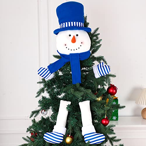 5 Pcs Christmas Tree Topper Snowman Hug Blue Snowman Hug Decor Kit with Large Hat Scarf Poseable Arms and Legs for Xmas Tree Wreath Holiday Winter Wonderland Party Decor