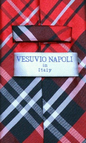 Vesuvio Napoli NeckTie Black Red White PLAID Design Men's Neck Tie