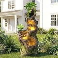 Grepatio Outdoor 6-Tiers Water Fountain, Cascading Water Fountain for Outside with 5 LED Lights, 40" H Large Outdoor Fountains with Waterfall for Garden, Yard, Deck Decor with Natural Tree Trunk Look
