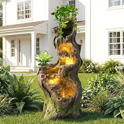 Grepatio Outdoor 6-Tiers Water Fountain, Cascading Water Fountain for Outside with 5 LED Lights, 40" H Large Outdoor Fountains with Waterfall for Garden, Yard, Deck Decor with Natural Tree Trunk Look