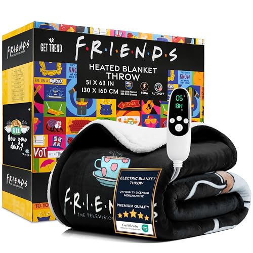 Get Trend Friends Manta Electrica 130x160cm, Manta Invierno Sherpa, 9 Niveles de Calor, Temporizador 12h y Protección Contra Sobrecalentamiento (Negro Friends, Throw EU)