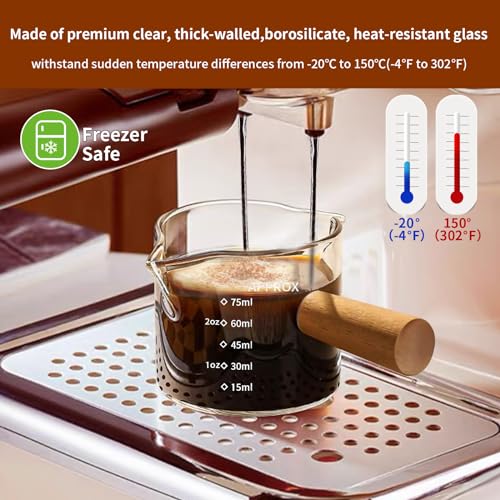 Image of YARRAMATE 2.5 oz /75ML Espresso Shots Cup with Wooden Handle, Clear Glass Demitasse Cup with Dual Scale Markings for Coffee Extraction (1 Pack, Double Spout)