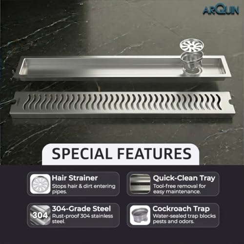 Image of ARQUIN Bathroom Shower Drain Channel 12x4 Inch Floor Drainer 304 Grade Stainless Steel Bathroom Drain Water Drain Channel for Bathroom with Cockroach Trap (1mm Thickness)