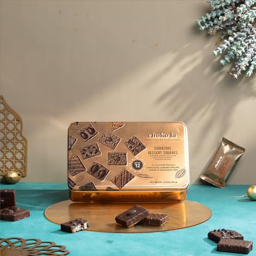 Image of Chokola Signature Dessert Square Chocolate Hamper - Premium Sponge Cake Enrobed in Dark Chocolate (Brownie) with Assorted Flavours & Nuts | Luxury Chocolate Gift Box for Festivals Celebrations (180g, 12 pcs)