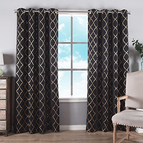 Anjee Black Blackout Curtains 95 Inches Long 2 Panels Set For Bedroom Thermal Insulated Living Room Darkening Black Out Window Drapes With Gold Moroccan Foil Pattern Print Eyelet Curtain,52 X 95 Inch #TOP7