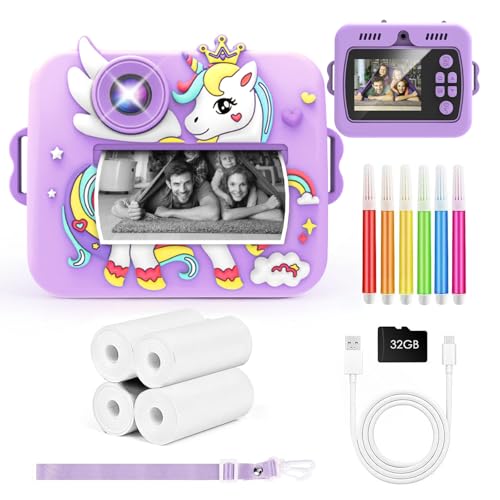 Appareil Photo Instantané, 2,4 Pouces Écran Appareil Photo Enfant avec Papier d'impression et Carte 32GB, Mode Selfie et Video, Convient pour Les Cadeaux festifs (Violet)