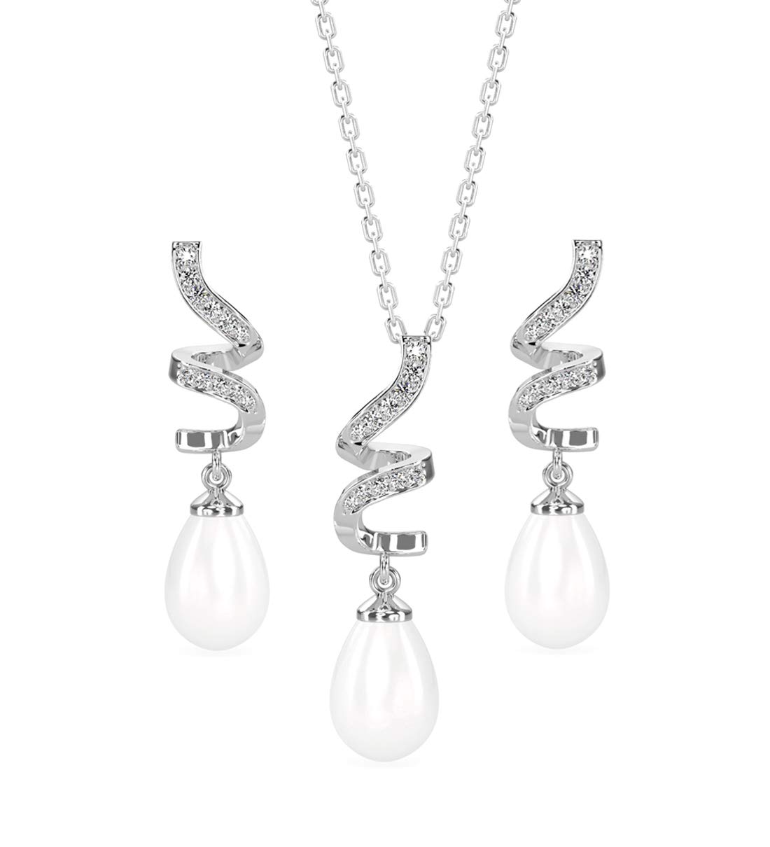 925 Sterling Silver Pearl Twist Pendant Earring Chain Jewellery Set | Rhodium Plated, Swiss Zirconia | Gift for Women & Girls-image-44