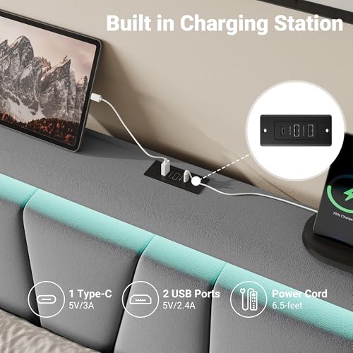 Image of Allewie Queen Size LED Bed Frame with Charging Station, Velvet Upholstered Platform Bed with Geometric Wingback Headboard, Modern Frame with No Box Spring Needed, Easy Assembly, Grey