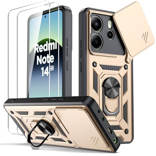 Oududianzi   Funda para Xiaomi Redmi Note 14 4G (Non para 5G) [2 Protector Vidrio Templado], con Cubierta Deslizante de la Cámara, Soporte Giratorio de 360 ° y Funda Protectora TPU de Silicona   Oro