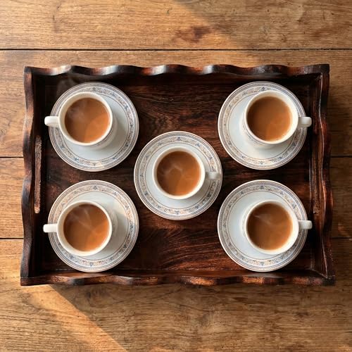 Image of Wooden Rectangular Serving Tray for Home & Kitchen - 13 x 9 Inch Antique Finish Breakfast, Tea & Snacks Tray with Handles for Dining Table, Coffee Table & Serving Guests
