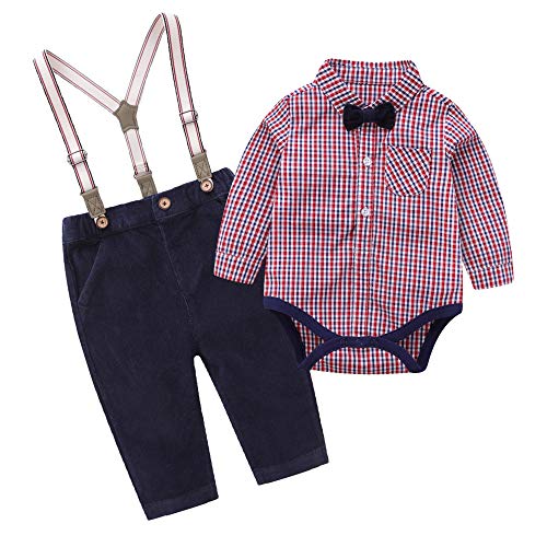 Tiepant Baby Boys Long Sleeve Outfit Suits Red Blue Plaid Romper Shirt with Bowtie + Gentleman Corduroy Suspender Pants Set 2-3T