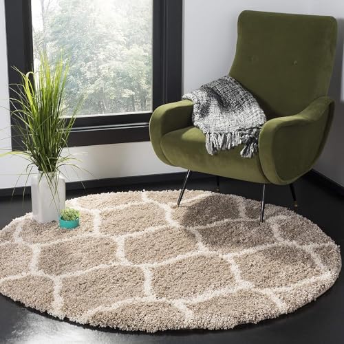 Image of Modern Shaggy Round Rug | Ultra-Soft Plush Circle Carpet for Living Room, Bedroom, Nursery | Fuzzy, Fluffy Area Rug with Non-Slip Base Beige M 3x3 feet