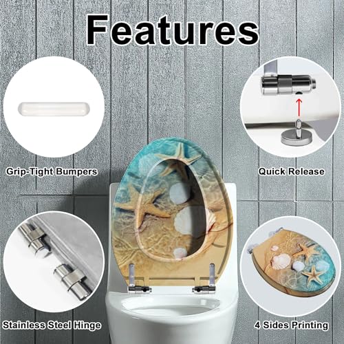 Elongated Toilet Seat Starfish seashell summer beach sea water Summer Resin Toilet Seat with Quietly Close Quick Release Hinges Decorative Toilet Seat with Cover Easy to Clean and Install - Image 3