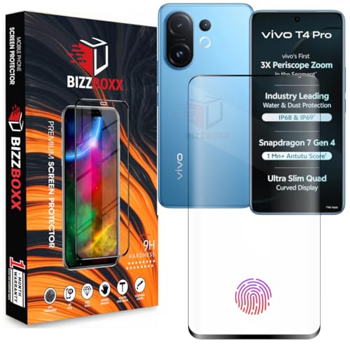 Image of Compatible With vivo T4 Pro 5G Full Glue Tempered Glass Screen Protector Guard Quad Curved Edges - Fingerprint Working, UV Glue Not Required (T4 Pro, 6.77 Inch) - Pack of 1
