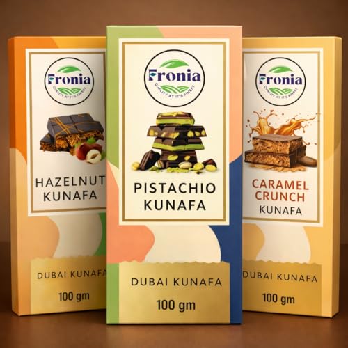 Image of Fronia Kunafa Chocolate Triple-Flavor Combo Pack Dubai Style - Pistachio, Hazelnut & Caramel Kunafa Chocolate Dessert, Milk Chocolate with Creamy Pistachio, Hazelnut & Caramel Filling & Crunchy Kunafa Layers | 100g Each