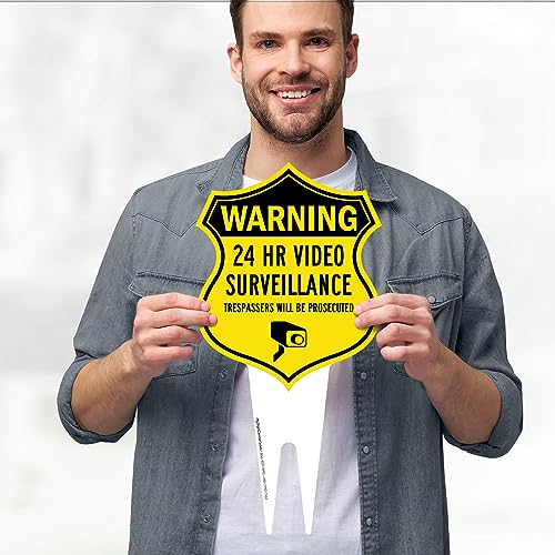 Image of Warning, 24 Hr Video Surveillance Sign, 7x13, Heavy Duty Integrated Ground Stakes, Indoor /Outdoor Use, Rust Free Aluminum Composite, Made in USA by My Sign center