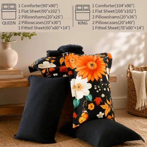 Image of BOV Textile Black Floral Comforter Set, Queen, 7-Piece Bed in a Bag | 7-Piece Queen Bed in a Bag with a 90 x 90 in Puffy Comforter, Floral Shams, Sheets, Pillowcases and 14 in Fitted Sheet