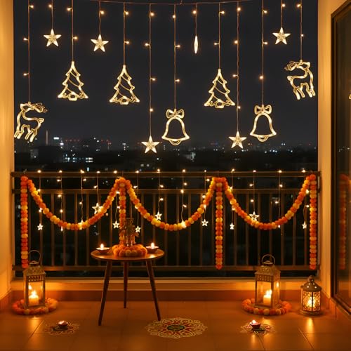 Image of Gigawatts Fairy Curtain String Light with Star Deer Tree Hanging 138 LEDs 2.5m Indoor & Outdoor Decoration Use Lights for Festival Christmas Wedding and Party (Pack of 1, Yellow)