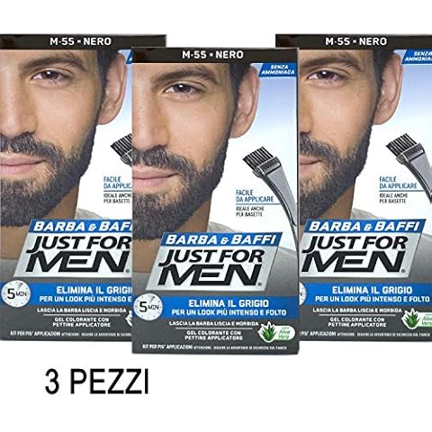 Tinte permanente Just for Men para barba y bigote en gel colorante negro M55 con pincel (paquete de 3 x 14g) Cover