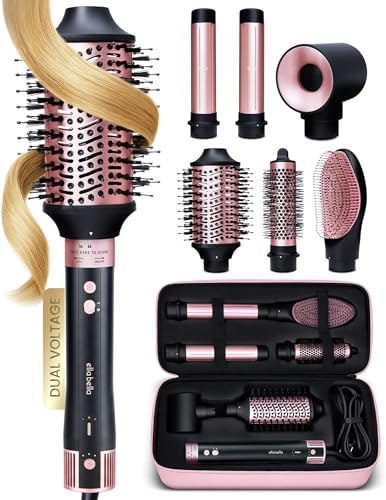 ELLA BELLA 6 in 1 Professional Hot Air Styler Dual Voltage Powerful Hair Dryer & Straightener Set Styling Without Heat Damage Fast Drying Curling Volumizing Straightening with Travel Case