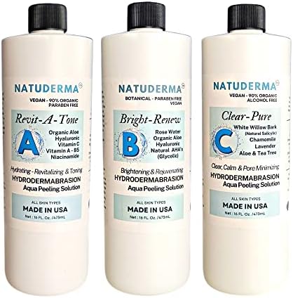 Hydrodermabrasion Solution, Aqua Peeling Serum, Solution for Wet Microdermabrasion, 3 bottles of 16 oz each, Natuderma Hydro Serum. MADE IN USA
