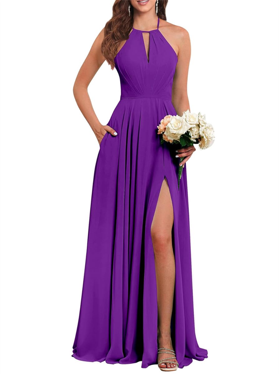 Wseyu Women's Purple Halter Chiffon Bridesmaid Dresses With Slit Long Pleated Evening Dress Formal Party Gowns Uk12