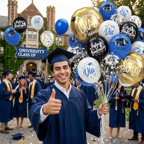 Image of HILAVO Blue and Black Graduation Balloons 2026 Graduation Decoration 18 In Grad Foil Balloon Royal Navy Blue Black White Print Balloon for Class of 2026 Congrats Grad Party Decor College High School