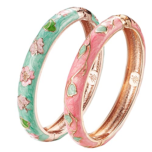 UJOY Cloisonne Bracelet Butterfly Gold Hinged Indian Bangles Flower Enamel Jewelry Bracelets Gift for Women 55A61-55A67 pink green