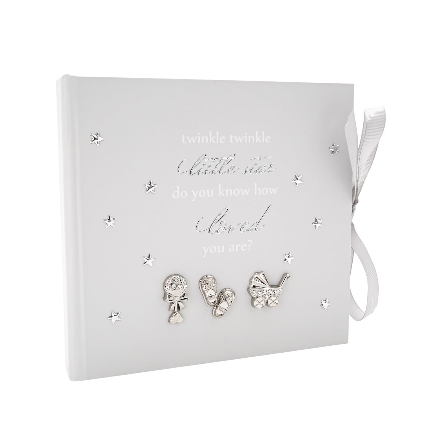 Happy Homewares Twinkle Twinkle Baby Shower Keepsake Photo Album with Silver Plated and Diamante Rattle Pram and Booties