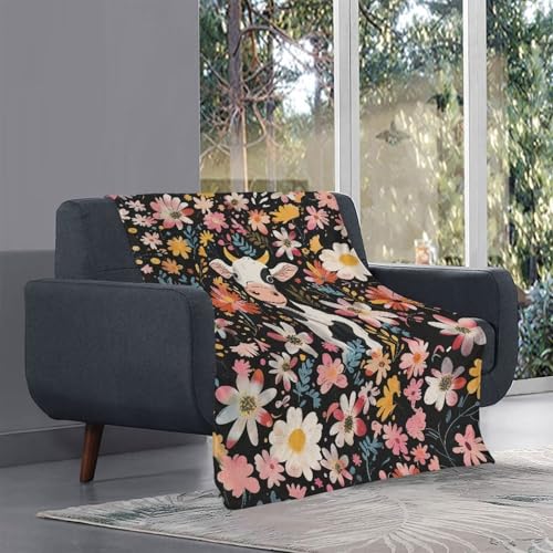 Couverture douce motif vache et fleurs plaid automne noir canapé - 5