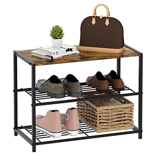 Gadroad 3-Tier Shoe Rack,Black Metal Shoe Rack with Wooden Top Board,Modern Shoe Storage Organizer with 2 Metal Mesh Shelves,Each Tier Fits 3 Pairs of Shoes,for Entryway Living Room,Rustic Brown Gadroad 3-Tier Shoe Rack,Black Metal Shoe Rack with Wooden Top Board,Modern Shoe Storage Organizer with 2 Metal Mesh Shelves,Each Tier Fits 3 Pairs of Shoes,for Entryway Living Room,Rustic Brown
